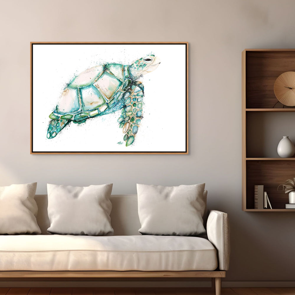 A Day in the Bay by Stephanie Elizabeth – shadow box canvas print featuring green turtle in water, ocean-inspired fine art artwork