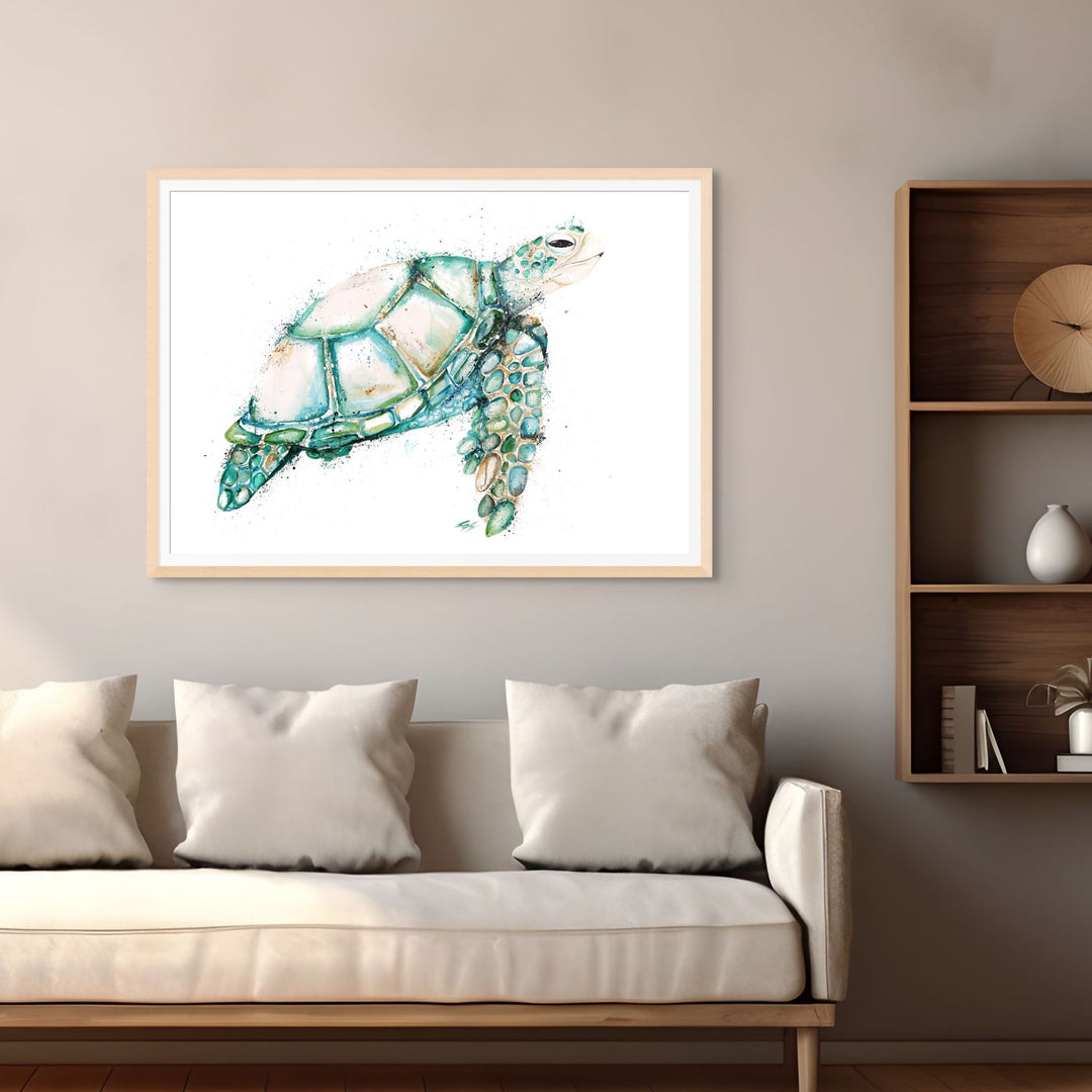 A Day in the Bay by Stephanie Elizabeth – framed paper print of green sea turtle swimming, fine art marine life print