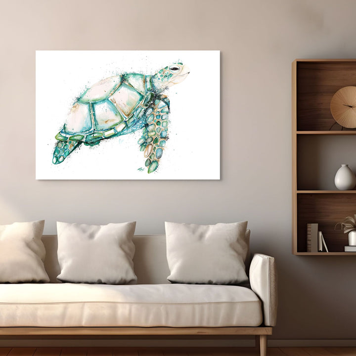 A Day in the Bay by Stephanie Elizabeth – stretched canvas print of green sea turtle, marine life fine art print