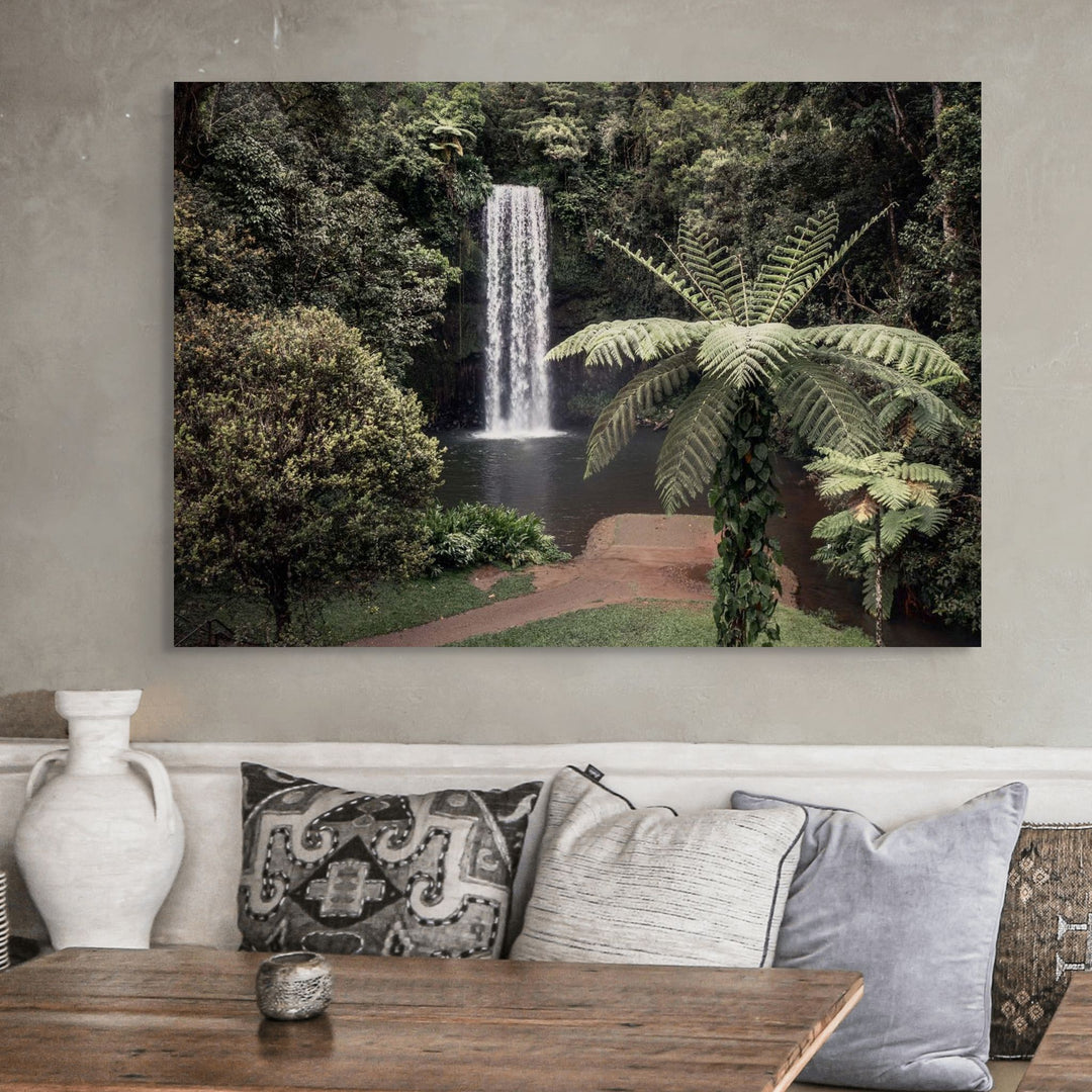 A Hop, Skip and Jump – Aerial view of Millaa Millaa and waterfall in the Atherton Tablelands | Stretched Canvas Print by David Lloyd