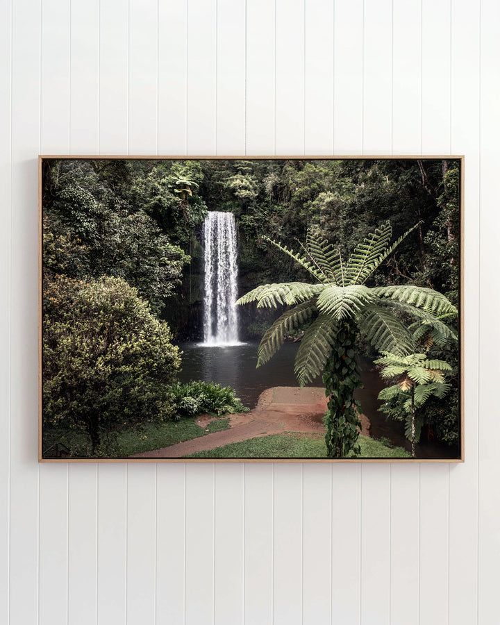 Framed aerial landscape photo of the Atherton Tablelands tropical waterfall, titled A Hop, Skip and Jump.