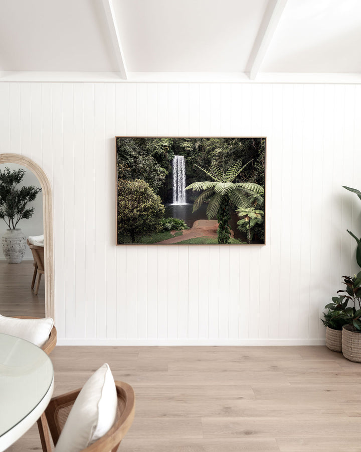 A Hop, Skip and Jump – Atherton Tablelands, Aerial Photography by David Lloyd, framed canvas print in oak float frame, styled in a dining room setting