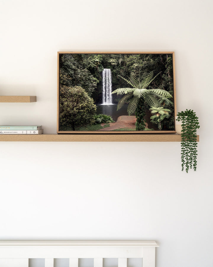 A Hop, Skip and Jump – Atherton Tablelands, Aerial Photography by David Lloyd, framed canvas print in oak float frame, styled in a timber shelf setting