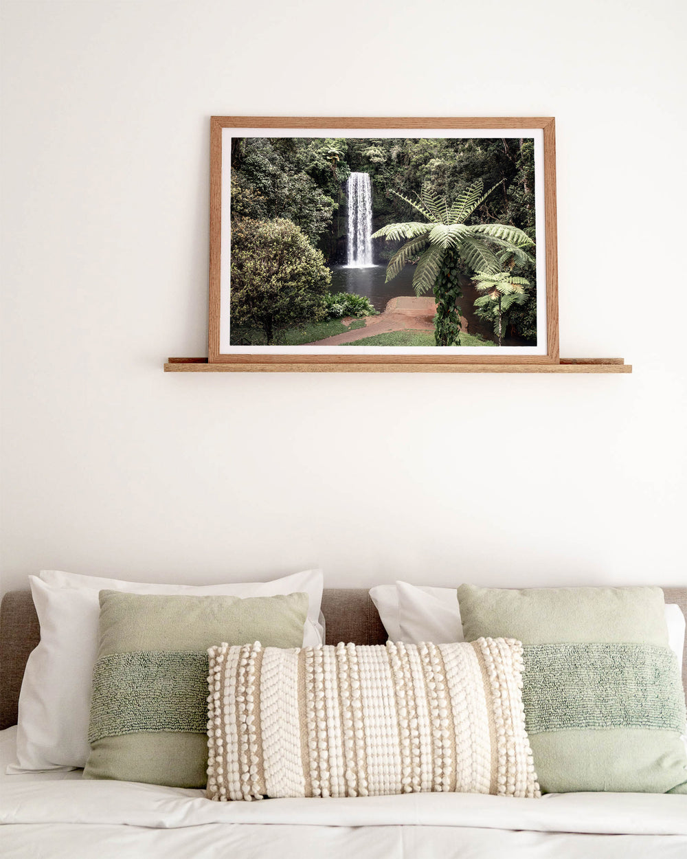 A Hop, Skip and Jump – Atherton Tablelands, Aerial Photography by David Lloyd, framed paper print in oak frame, styled in a bedroom setting