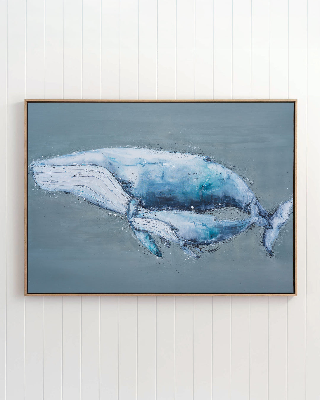 A Life Growing Together humpback whales fine art print by Stephanie Elizabeth, framed canvas in an oak frame