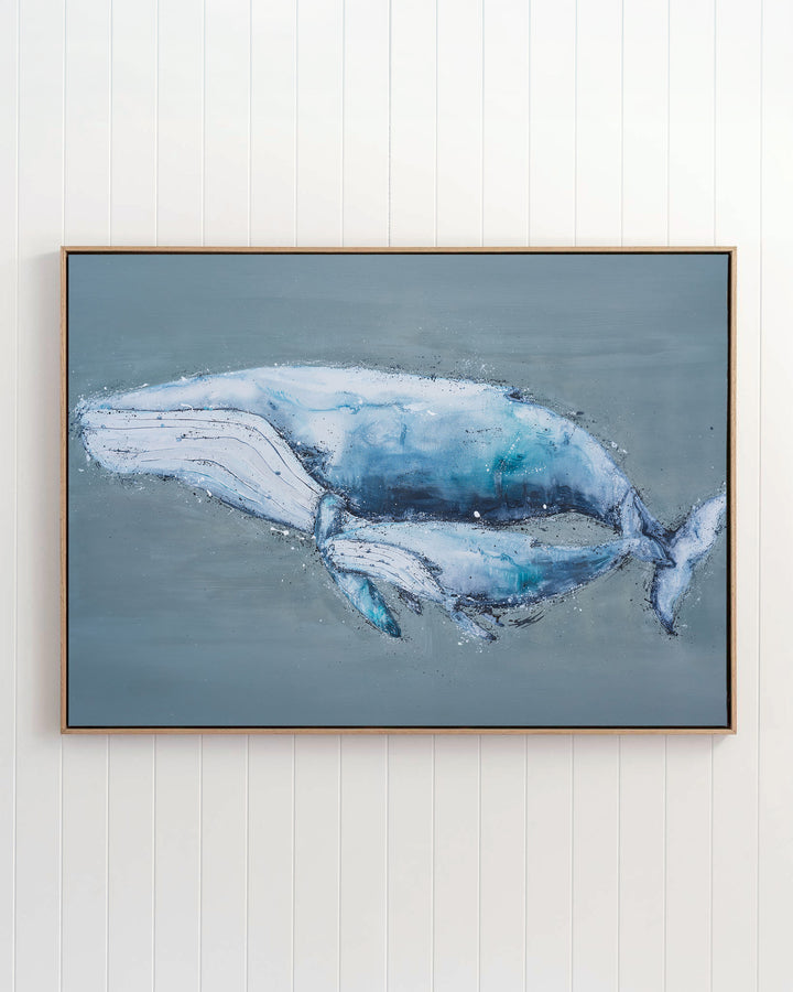 A Life Growing Together humpback whales fine art print by Stephanie Elizabeth, framed canvas in an oak frame