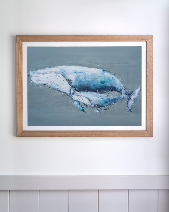 A Life Growing Together humpback whales fine art print by Stephanie Elizabeth, framed paper print in an oak frame