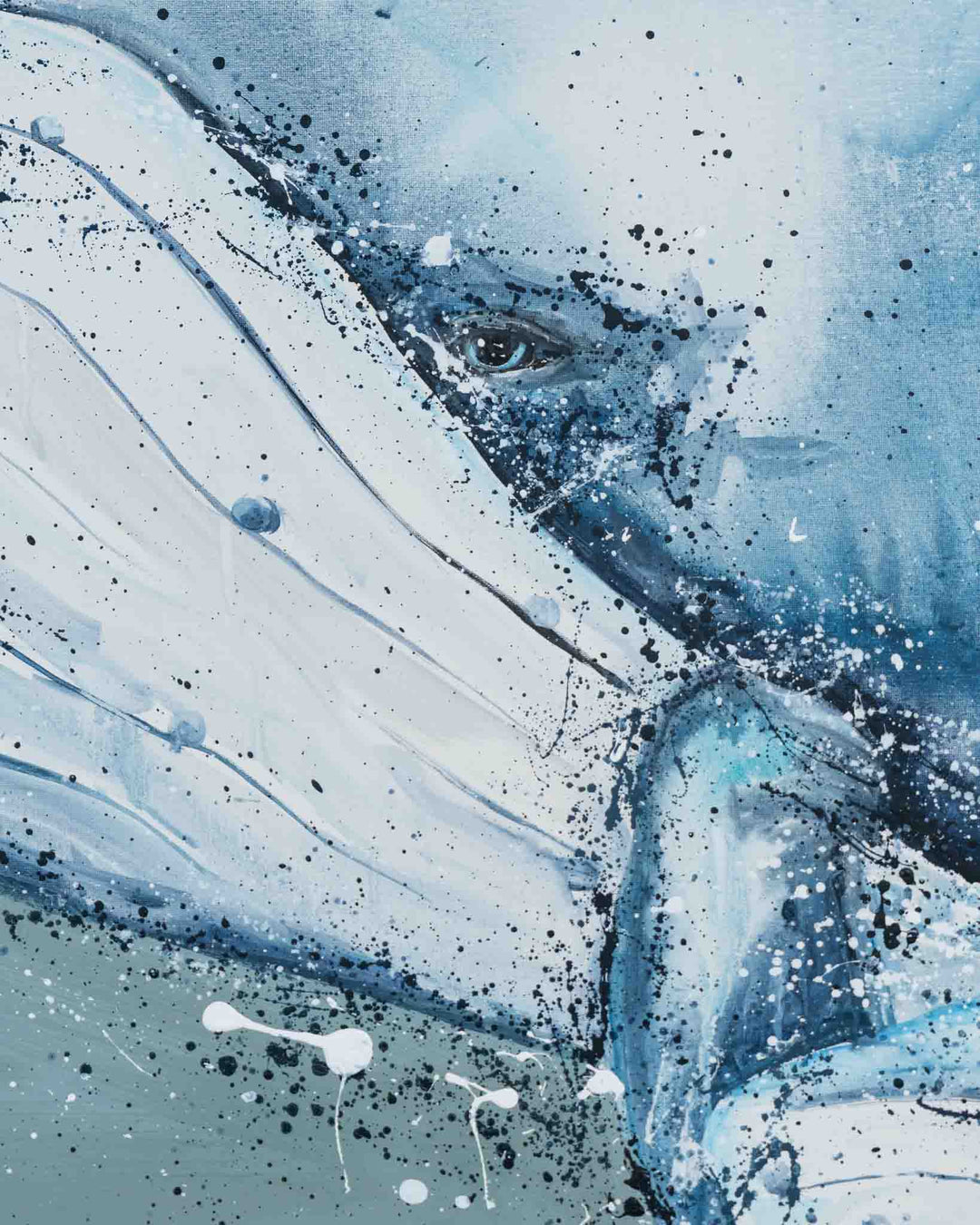 A Life Growing Together, abstract whale face in blue and white with dynamic acrylic splatters on canvas.