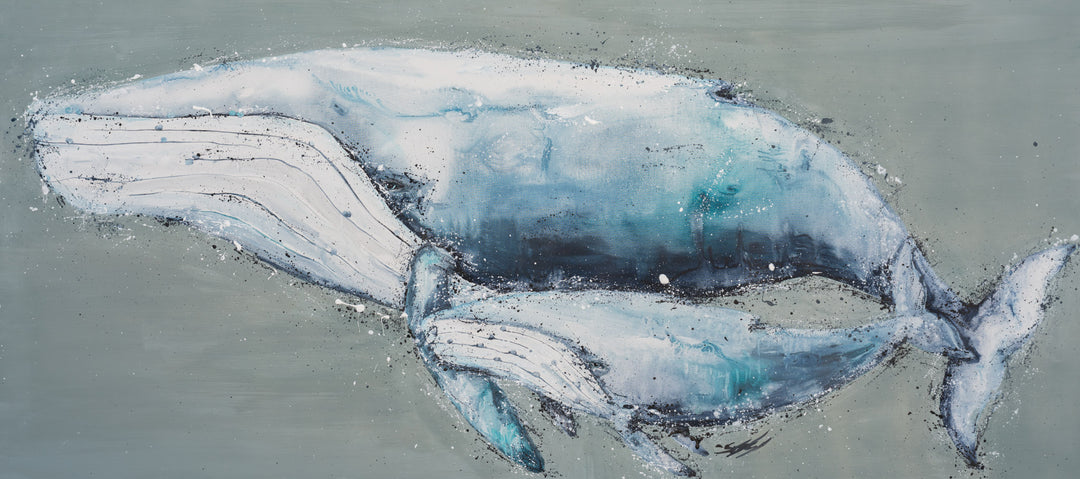 A Life Growing Together: abstract blue and white whale painted in acrylic on canvas by Stephanie Elizabeth.