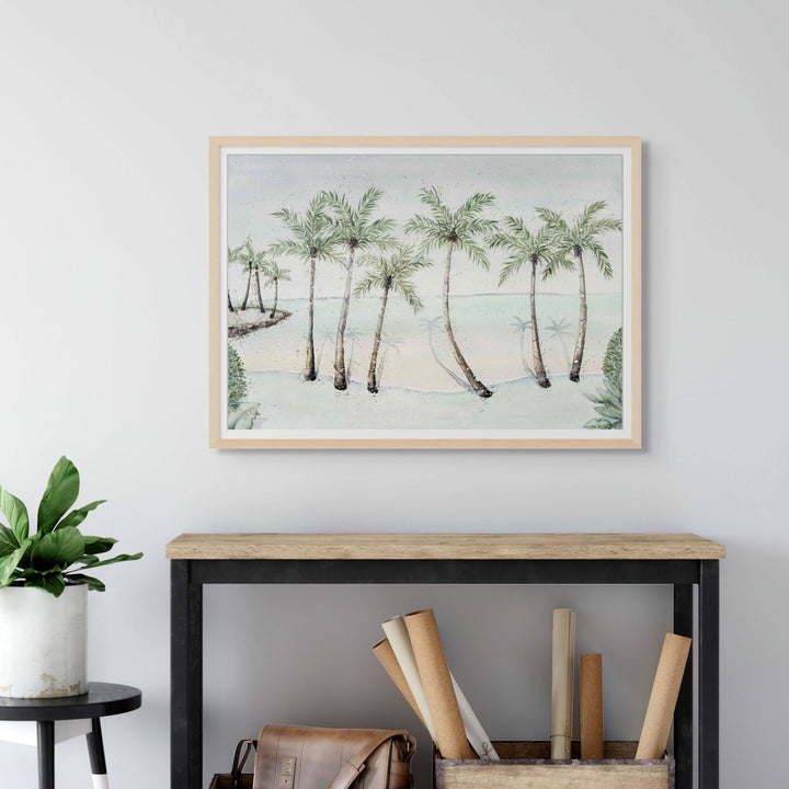A Little Cove Love Story – tropical palm trees at Little Cove in Port Douglas, soft coastal light and tranquil morning tones | Framed Paper Print