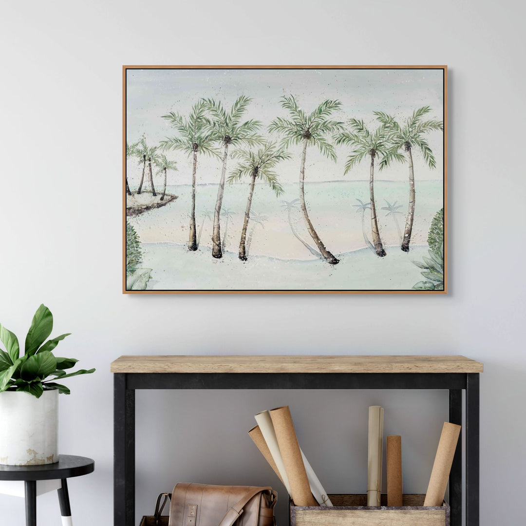 A Little Cove Love Story – tropical palm trees at Little Cove in Port Douglas, soft coastal light and tranquil morning tones | Shadow Box Canvas Print