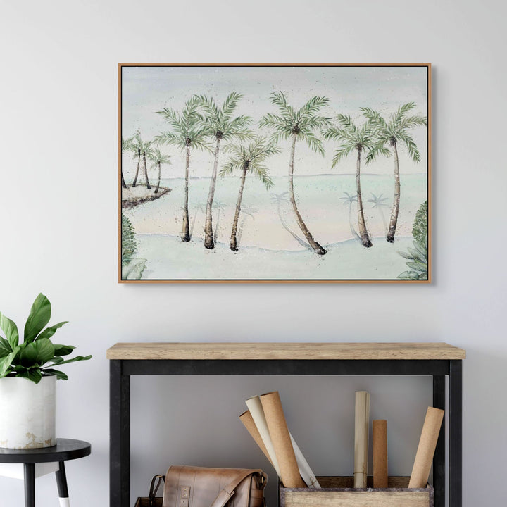 A Little Cove Love Story – tropical palm trees at Little Cove in Port Douglas, soft coastal light and tranquil morning tones | Shadow Box Canvas Print