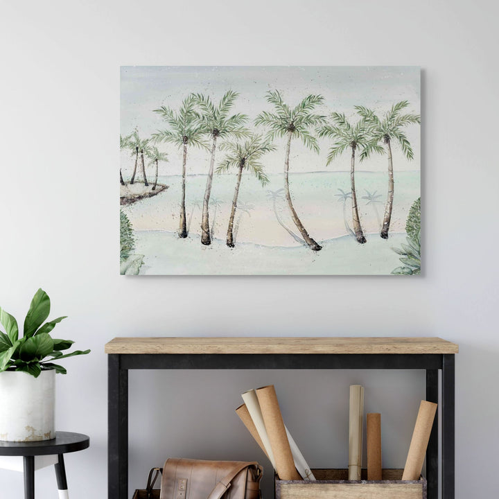 A Little Cove Love Story – tropical palm trees at Little Cove in Port Douglas, soft coastal light and tranquil morning tones | Stretched Canvas Print