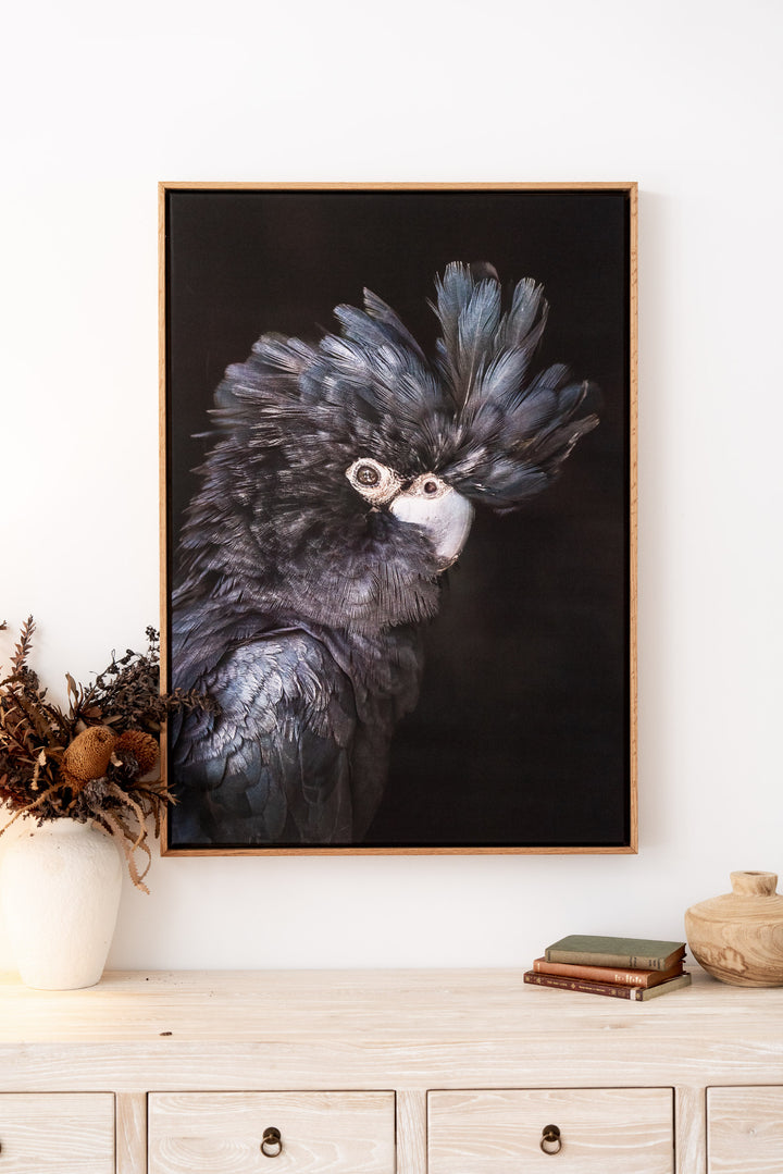 A Little More Action“ Black Cockatoo artwork framed on a white wall above a wooden dresser.