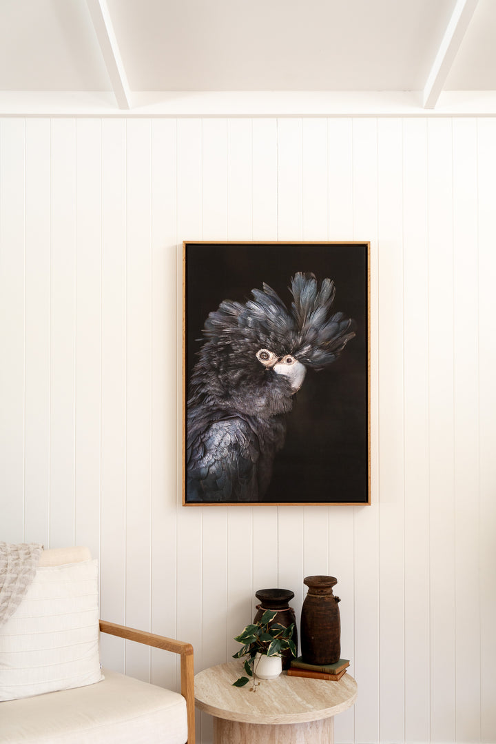 “A Little More Action” Black Cockatoo print by David Lloyd hangs above an armchair and small table.