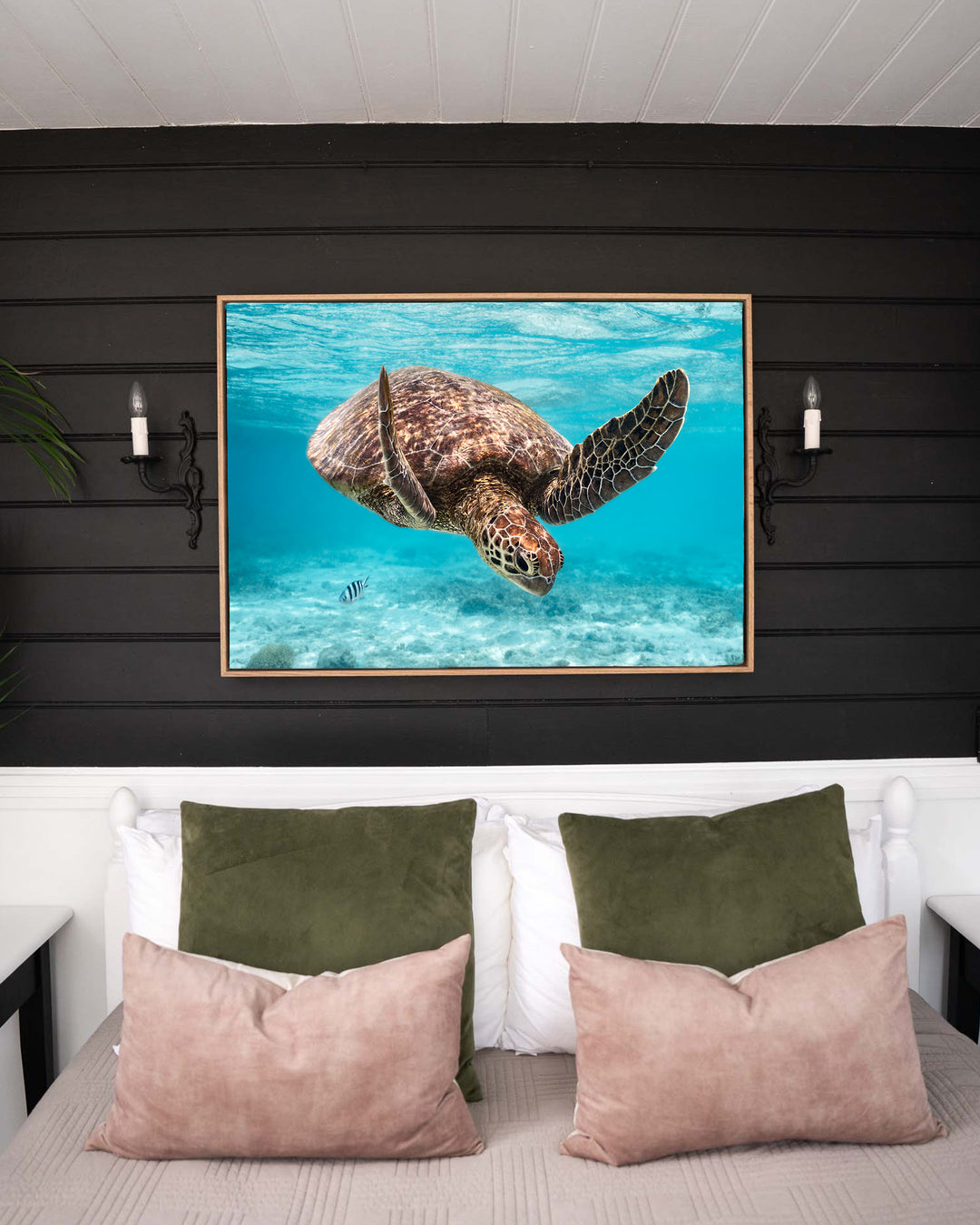 A Moment Below – Green Sea Turtle, Underwater Photography by David Lloyd, framed canvas print in oak float frame, styled in a bedroom setting