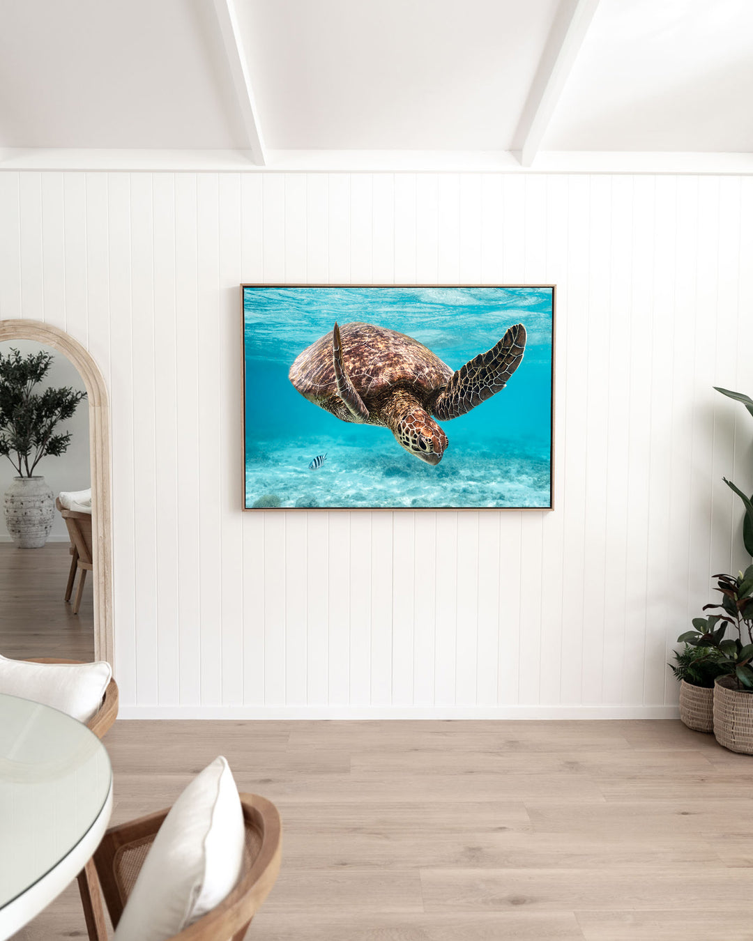A Moment Below – Green Sea Turtle, Underwater Photography by David Lloyd, framed canvas print in oak float frame, styled in a dining room setting
