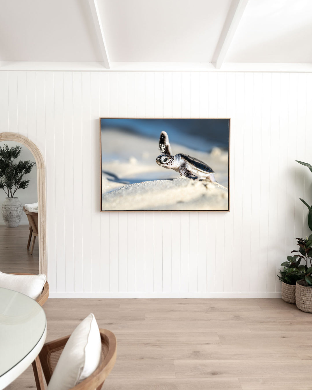 A New Hope – Turtle Hatchling, Coastal Photography by David Lloyd, framed canvas print in oak float frame, styled in a dining room setting