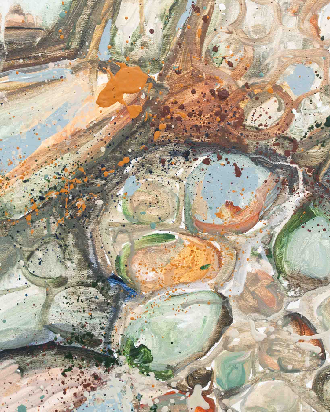 A Time to Rest features textured brushstrokes with earthy orange, green, and blue shapes.