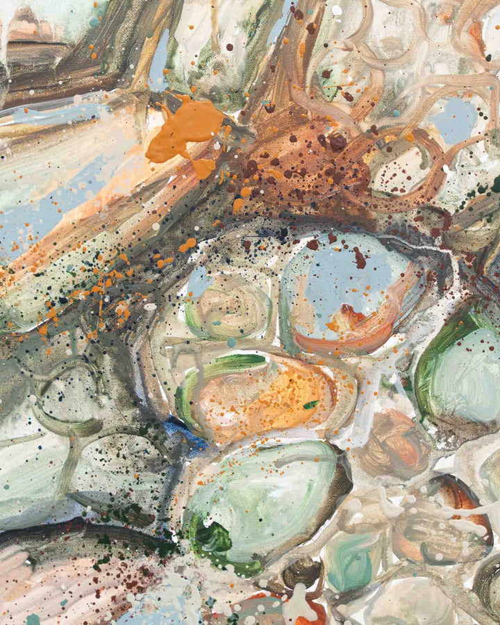 A Time to Rest features textured brushstrokes with earthy orange, green, and blue shapes.