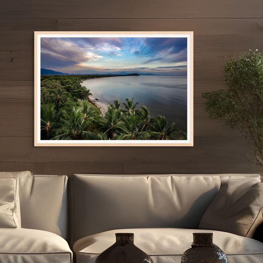 After The Storm – Aerial view of Four Mile Beach at sunrise during blue hour, purple skies after Cyclone Jasper, Port Douglas | Framed Paper Print