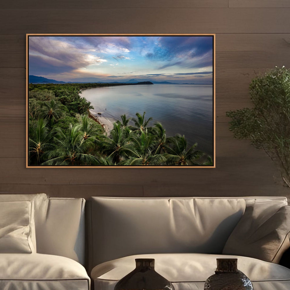 After The Storm – Aerial view of Four Mile Beach at sunrise during blue hour, purple skies after Cyclone Jasper, Port Douglas | Shadow Box Canvas Print
