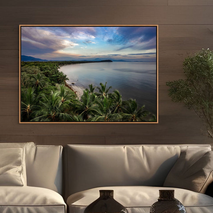 After The Storm – Aerial view of Four Mile Beach at sunrise during blue hour, purple skies after Cyclone Jasper, Port Douglas | Shadow Box Canvas Print