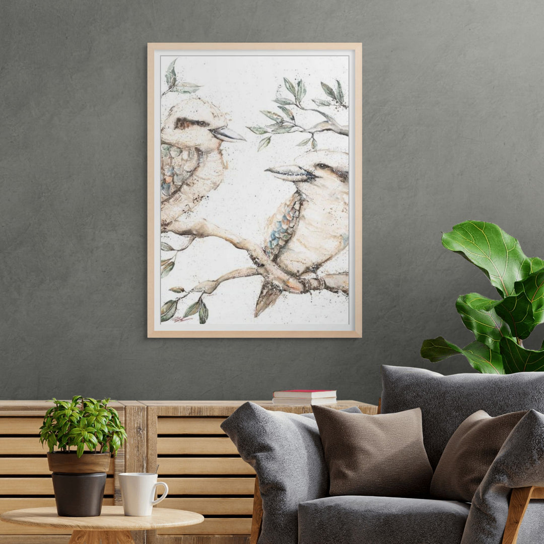 Afternoon Gossip by Stephanie Elizabeth – framed paper print of kookaburras on branches, fine art Australian bird print