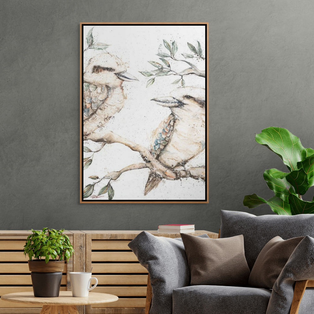 Afternoon Gossip by Stephanie Elizabeth – shadow box canvas print of two kookaburras, Australian fine art print