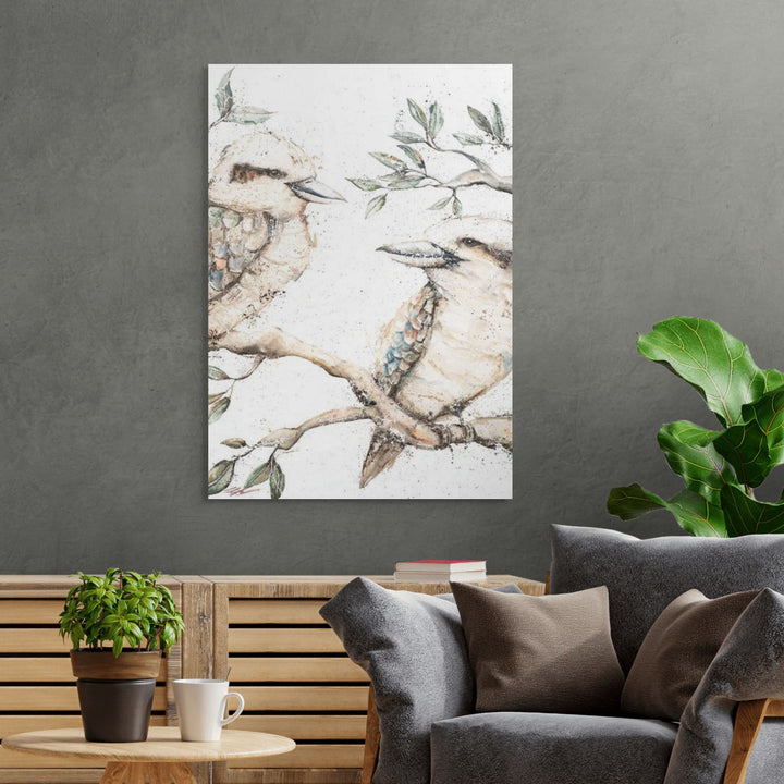 Afternoon Gossip by Stephanie Elizabeth – stretched canvas print featuring kookaburras in conversation, fine art bird print