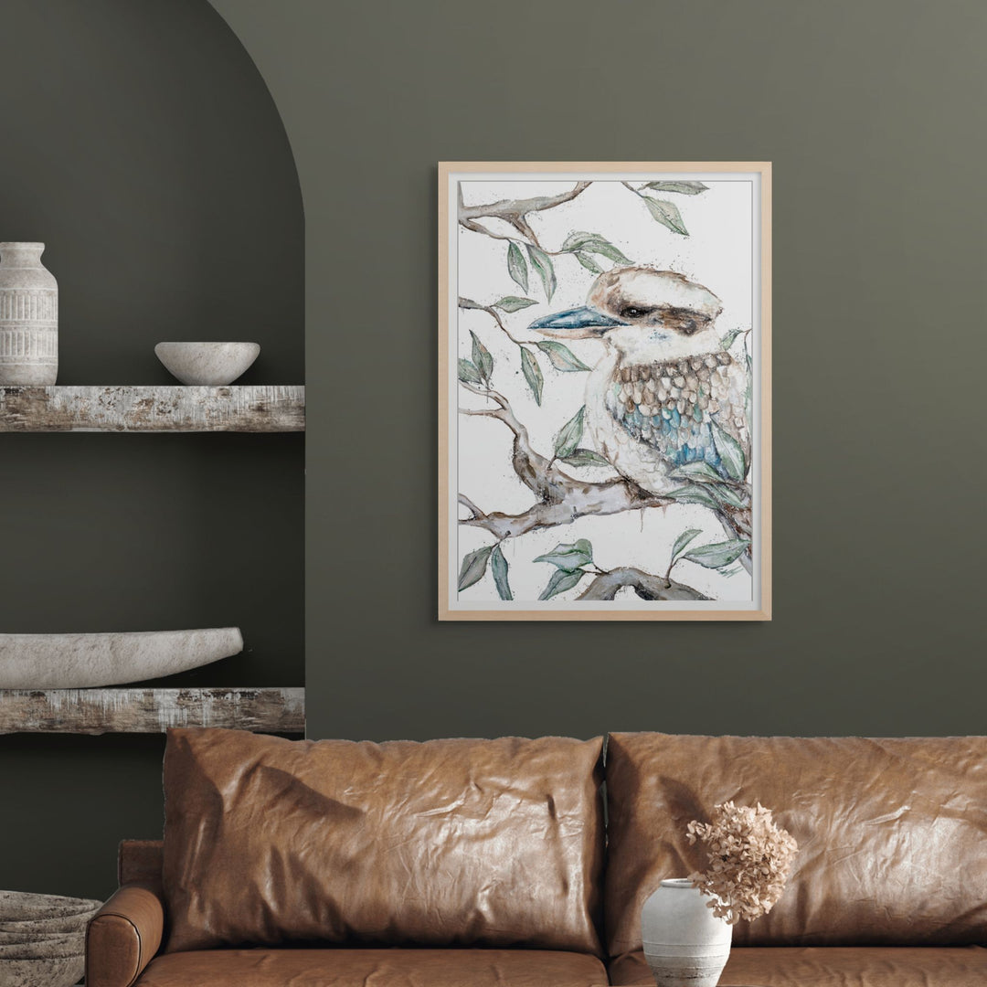 All About Timing by Stephanie Elizabeth – framed paper print of kookaburra surrounded by leaves, Australian bird fine art print