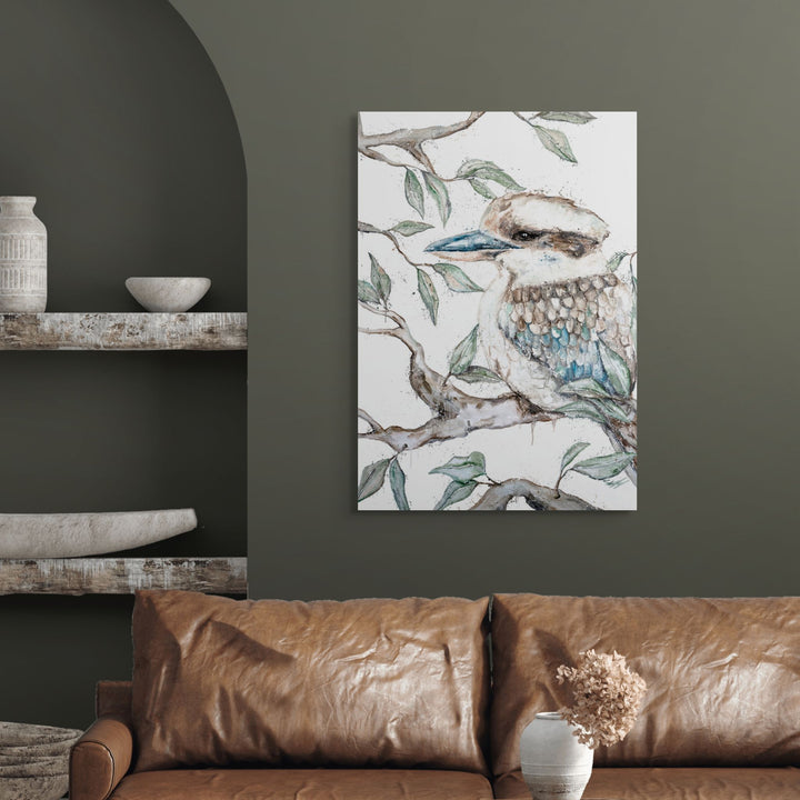 All About Timing by Stephanie Elizabeth – stretched canvas print of kookaburra in foliage, fine art print