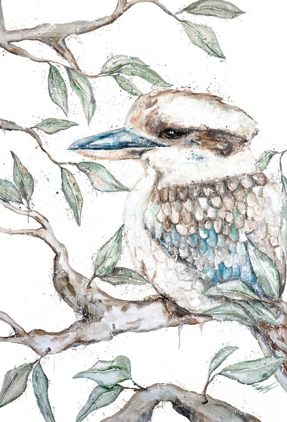 All About Timing by Stephanie Elizabeth – unframed rolled paper print of kookaburra among leaves, fine art birdlife print