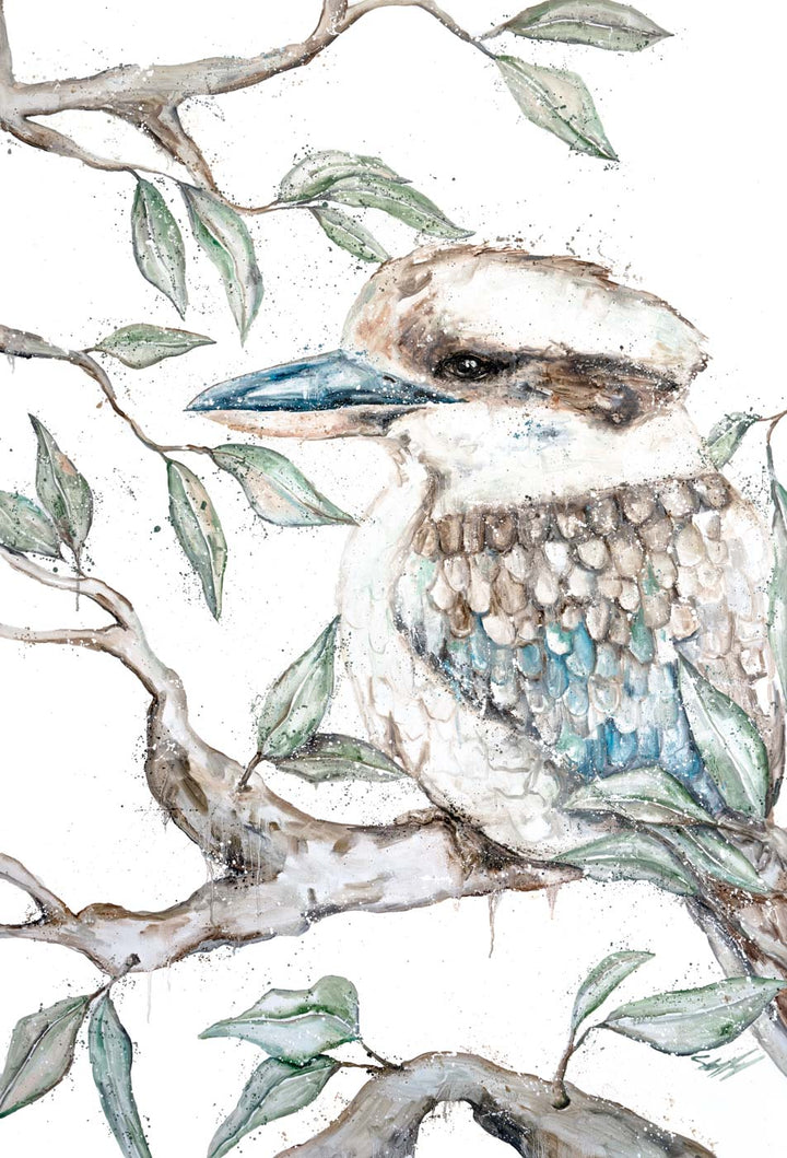 All About Timing by Stephanie Elizabeth – unframed rolled paper print of kookaburra among leaves, fine art birdlife print