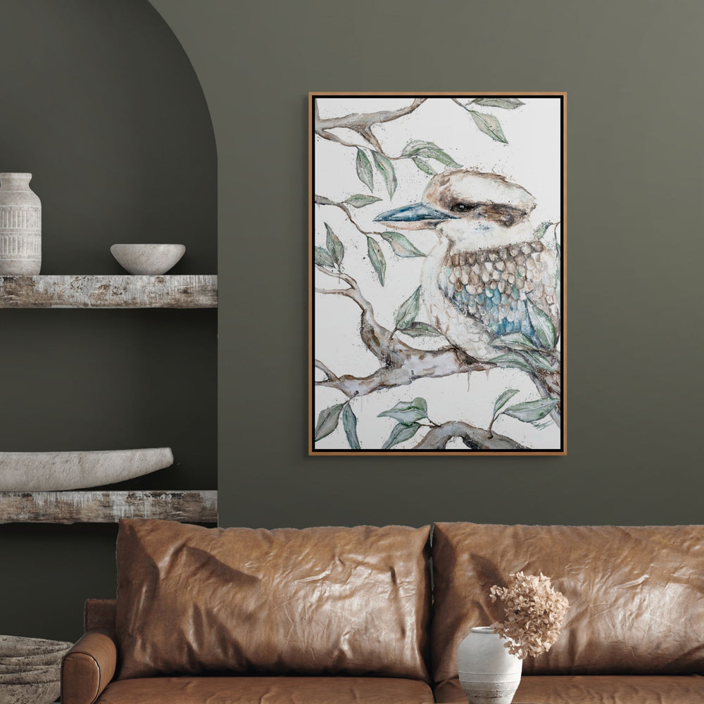 All About Timing by Stephanie Elizabeth – shadow box canvas print of kookaburra waiting patiently, fine art bird artwork
