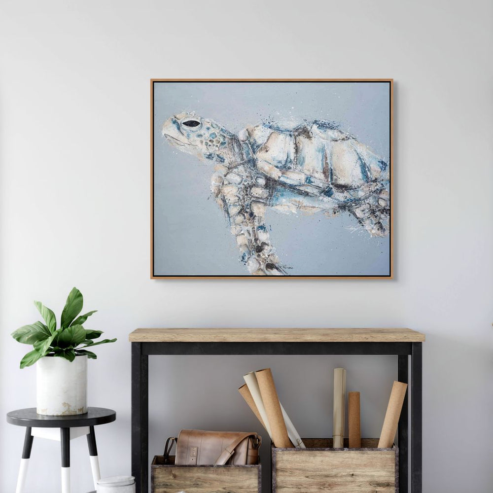 All for a Moment turtle painting by Stephanie Elizabeth – framed acrylic canvas artwork with blue background 2