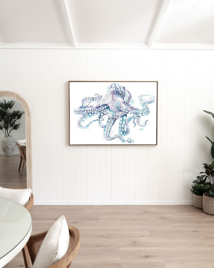 All Legs and No Worries octopus fine art print by Stephanie Elizabeth, framed canvas in an oak frame in a dining room