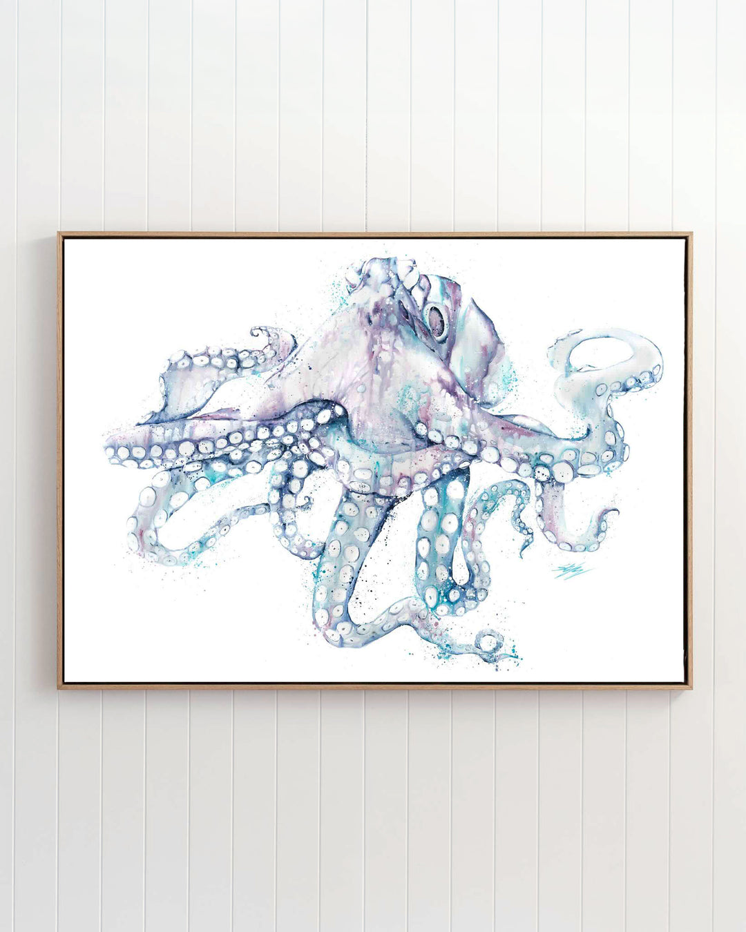 All Legs and No Worries octopus fine art print by Stephanie Elizabeth, framed canvas in an oak frame