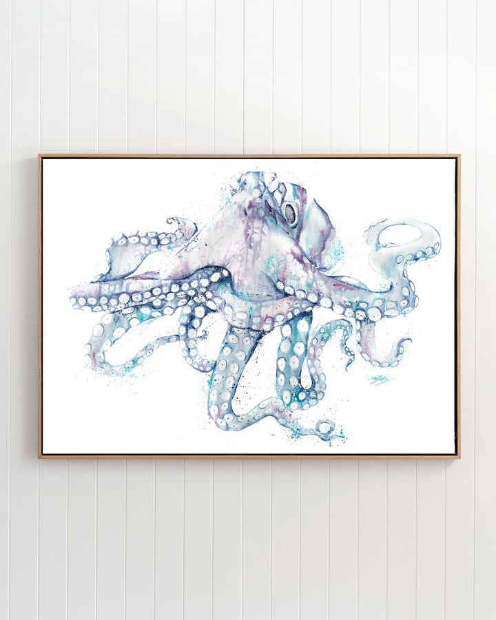 All Legs and No Worries octopus fine art print by Stephanie Elizabeth, framed canvas in an oak frame