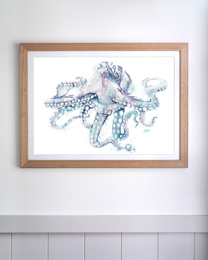 All Legs and No Worries octopus fine art print by Stephanie Elizabeth, framed paper print in an oak frame