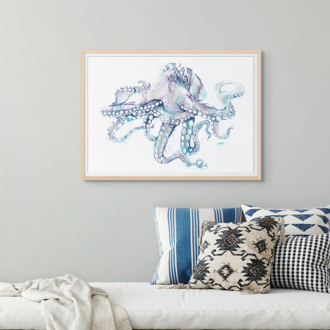All Legs and No Worries by Stephanie Elizabeth – framed paper print of playful octopus, Australian fine art marine print