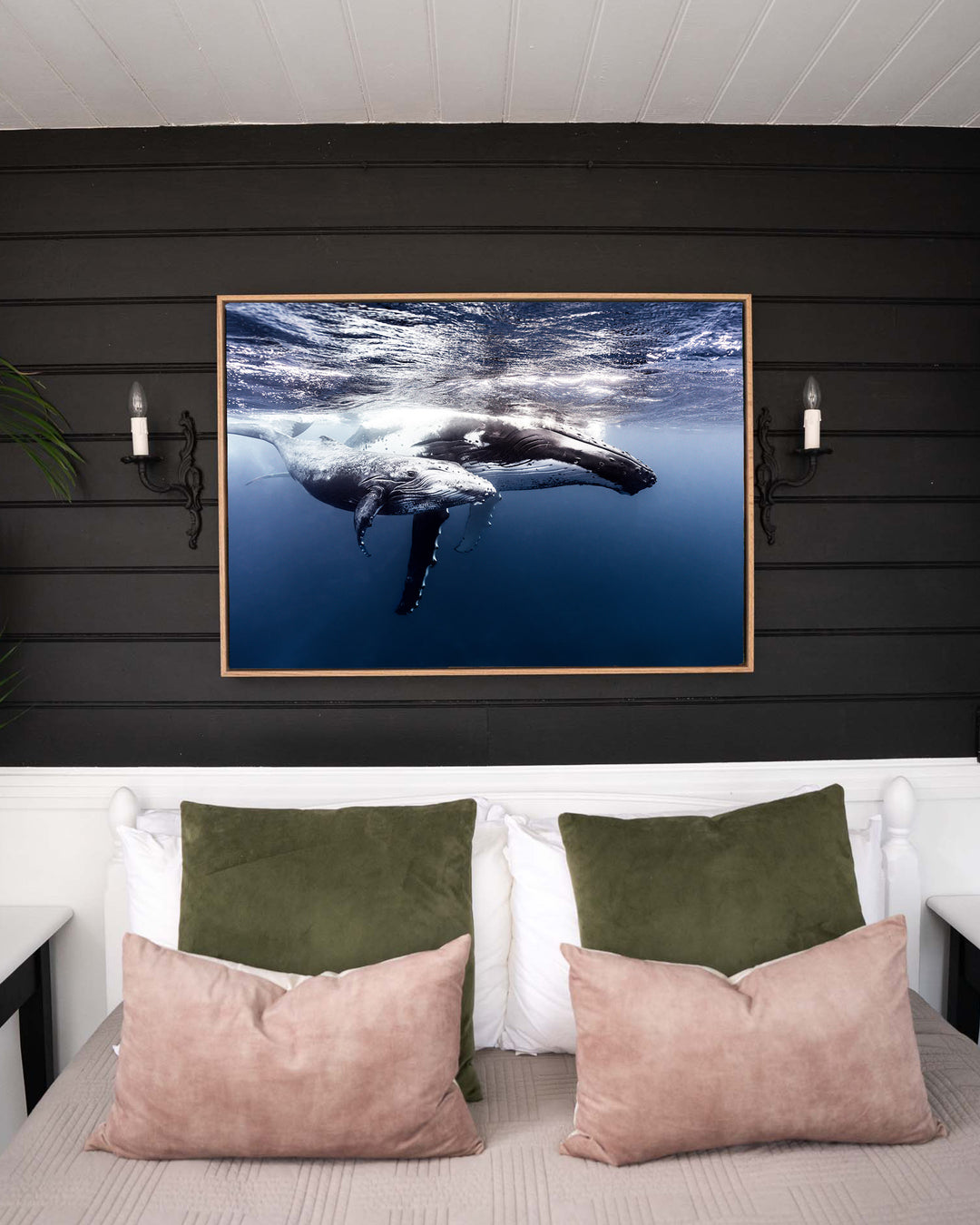 Along for the Ride – Humpback Whale Mum and Calf, Underwater Photography by David Lloyd, framed canvas print in oak float frame, styled in a bedroom setting