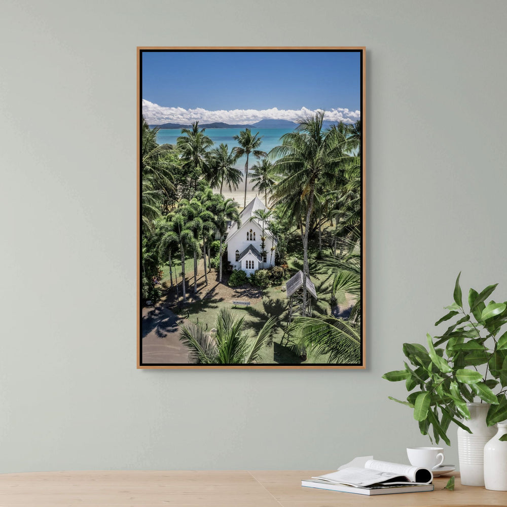 Always Forever – Aerial portrait of St Mary’s, Port Douglas with blue skies, turquoise water, and high-contrast green tree line | Shadow Box Canvas Print