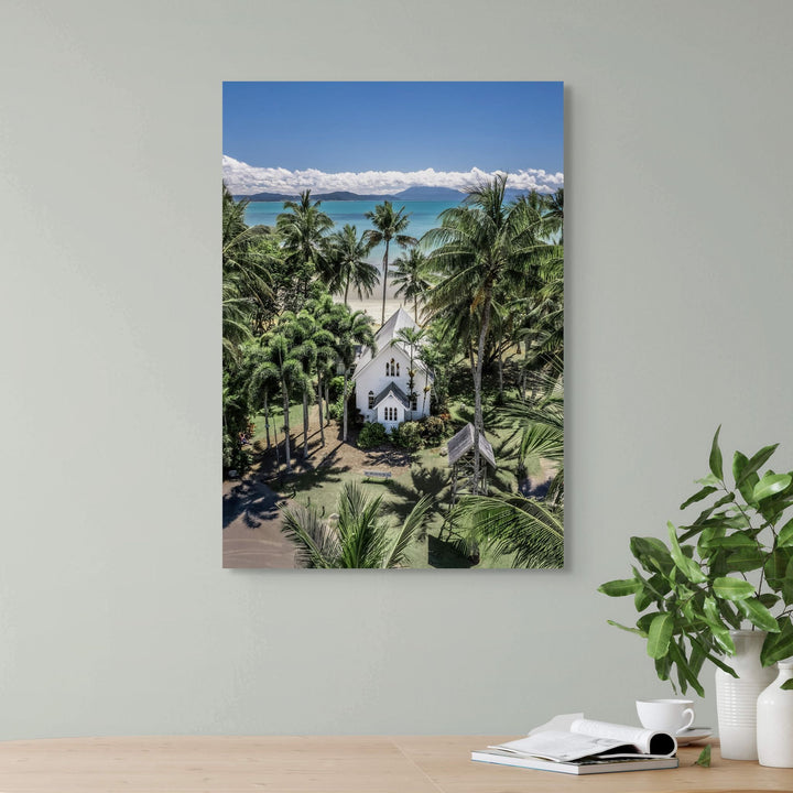 Always Forever – Aerial portrait of St Mary’s, Port Douglas with blue skies, turquoise water, and high-contrast green tree line | Stretched Canvas Print