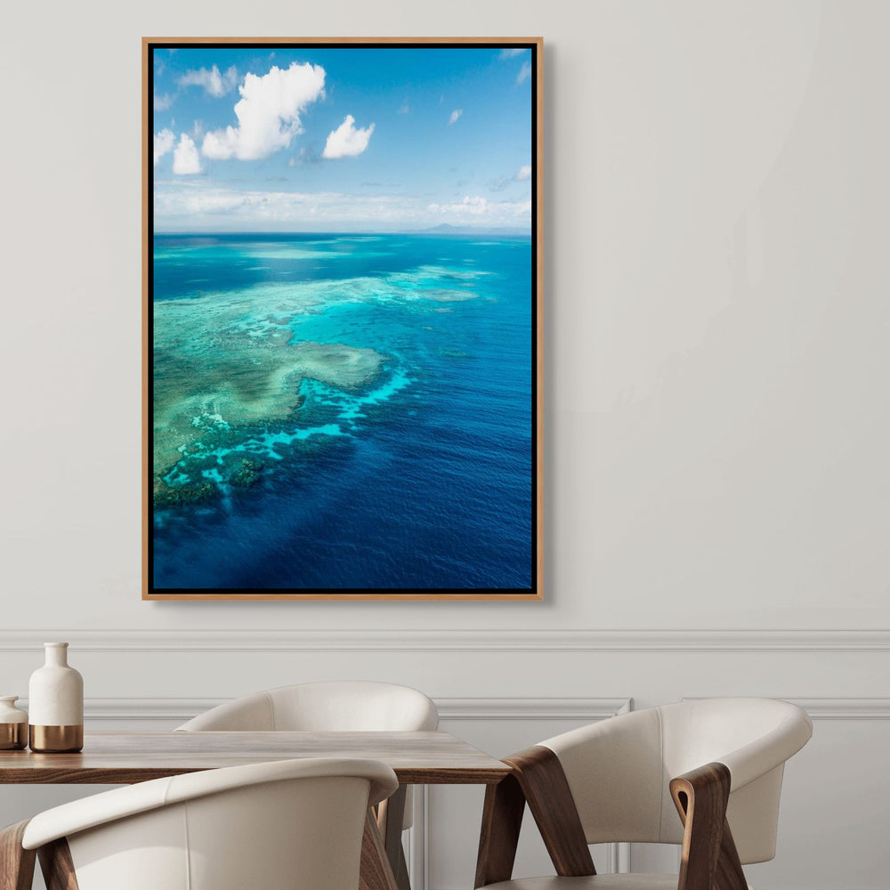 Always Take The Weather With You – Aerial view of Rudder Reef with turquoise waters and reef patterns | Shadow Box Canvas Print by David Lloyd