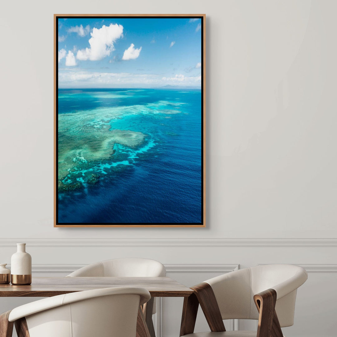 Always Take The Weather With You – Aerial view of Rudder Reef with turquoise waters and reef patterns | Shadow Box Canvas Print by David Lloyd