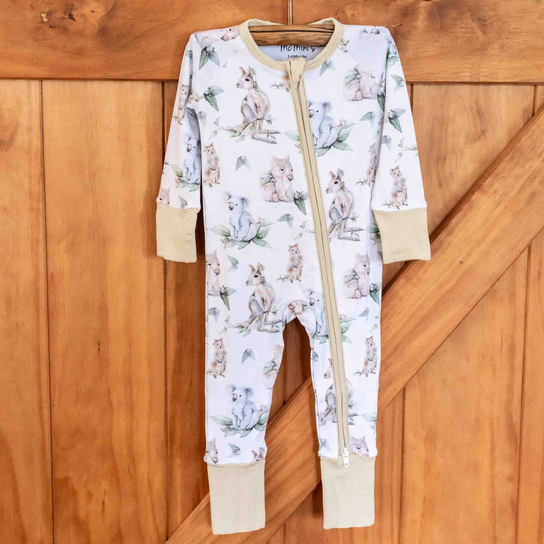Aussie Animals Baby Onesie – Kangaroo, Wombat, Koala, Quokka - hanging full view