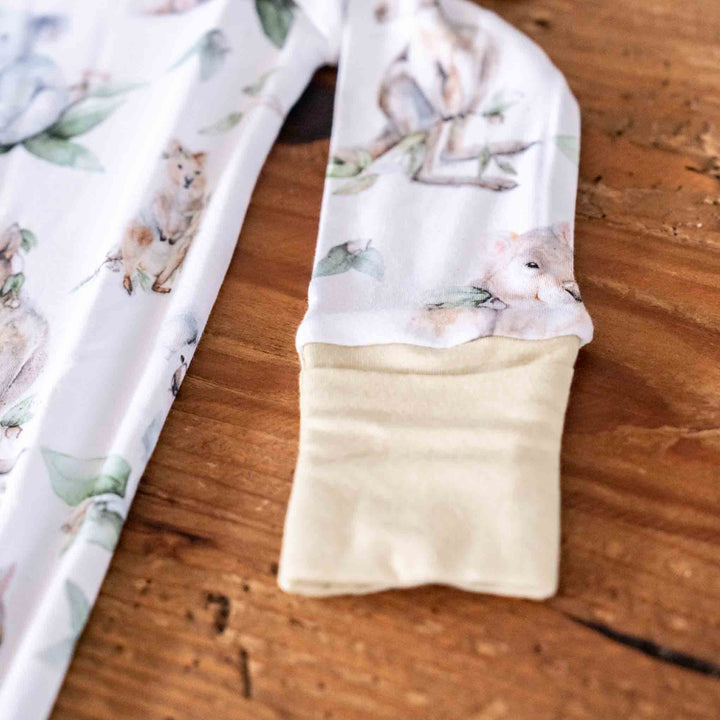 Aussie Animals Baby Onesie – Kangaroo, Wombat, Koala, Quokka - arms close up