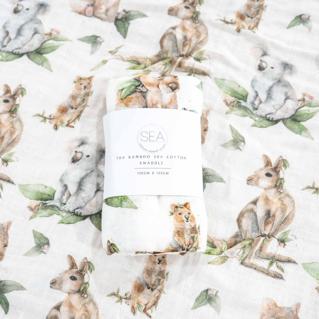 Australian animals baby swaddle flat lay