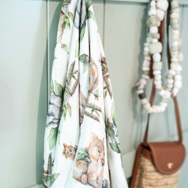 Australian animals baby swaddle hanging on wall close up